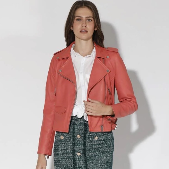 Walter Baker Lamb Leather Moto Jacket Coral (M)